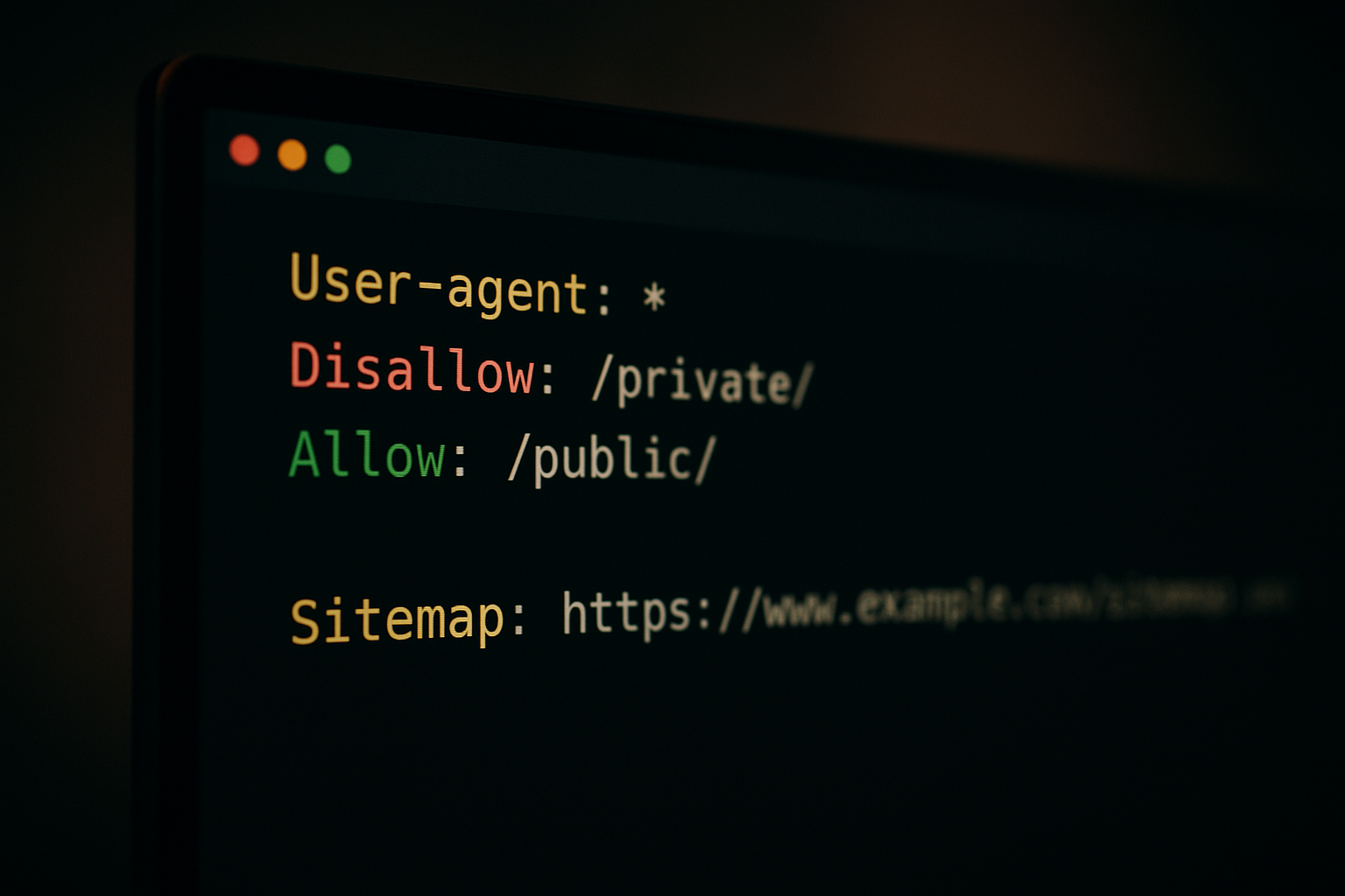 Close-up of a robots.txt file with color-coded directives including User-agent Disallow and Sitemap lines