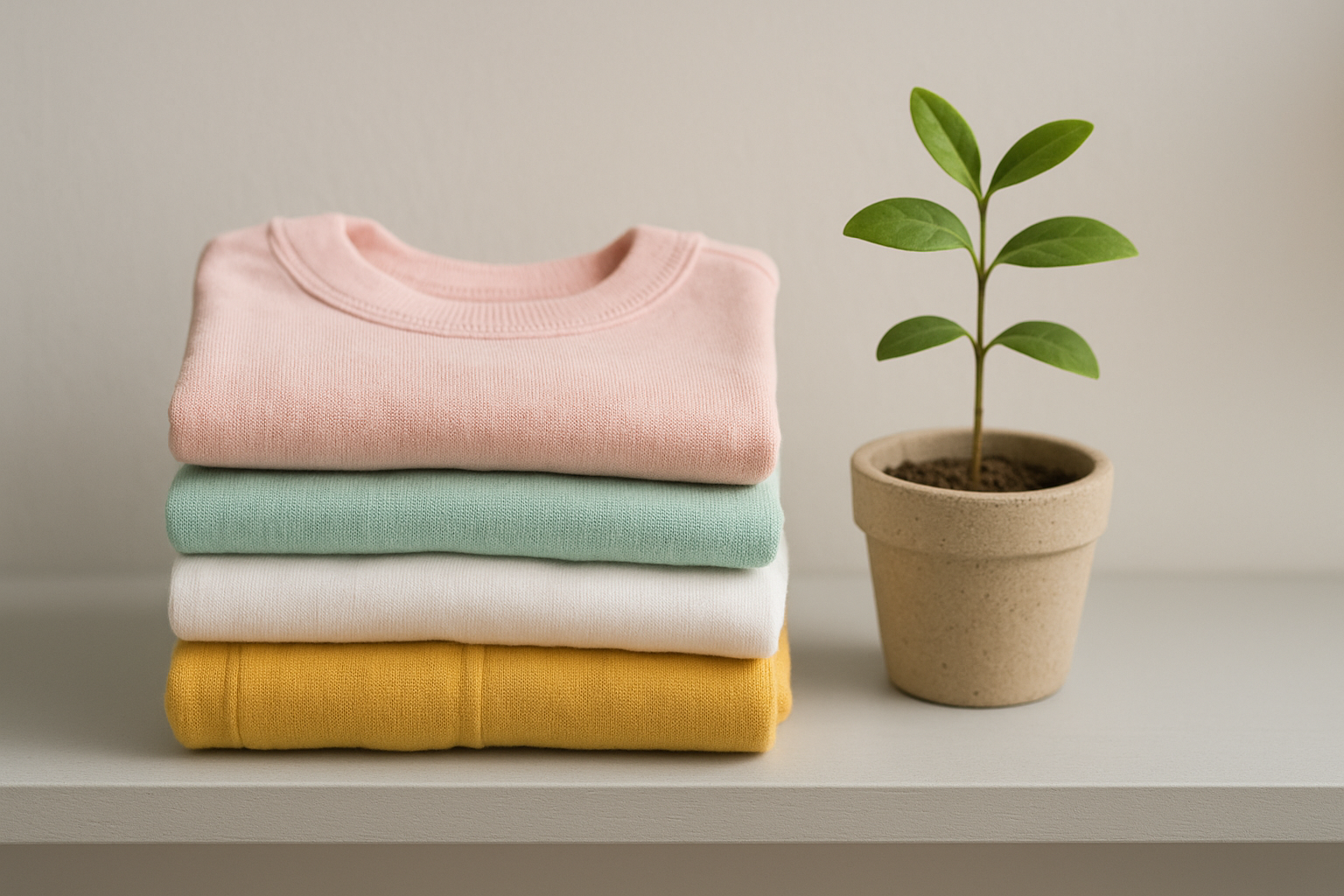 Sustainable children's clothing rental subscription items folded neatly on a shelf