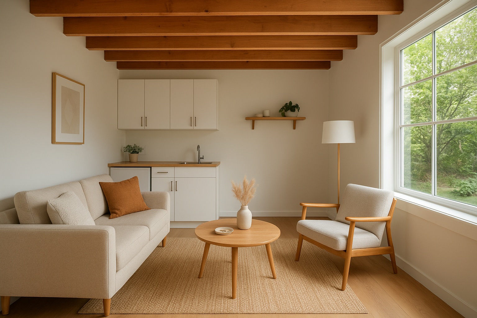 Finished interior of a garage conversion ADU with kitchenette and natural lighting