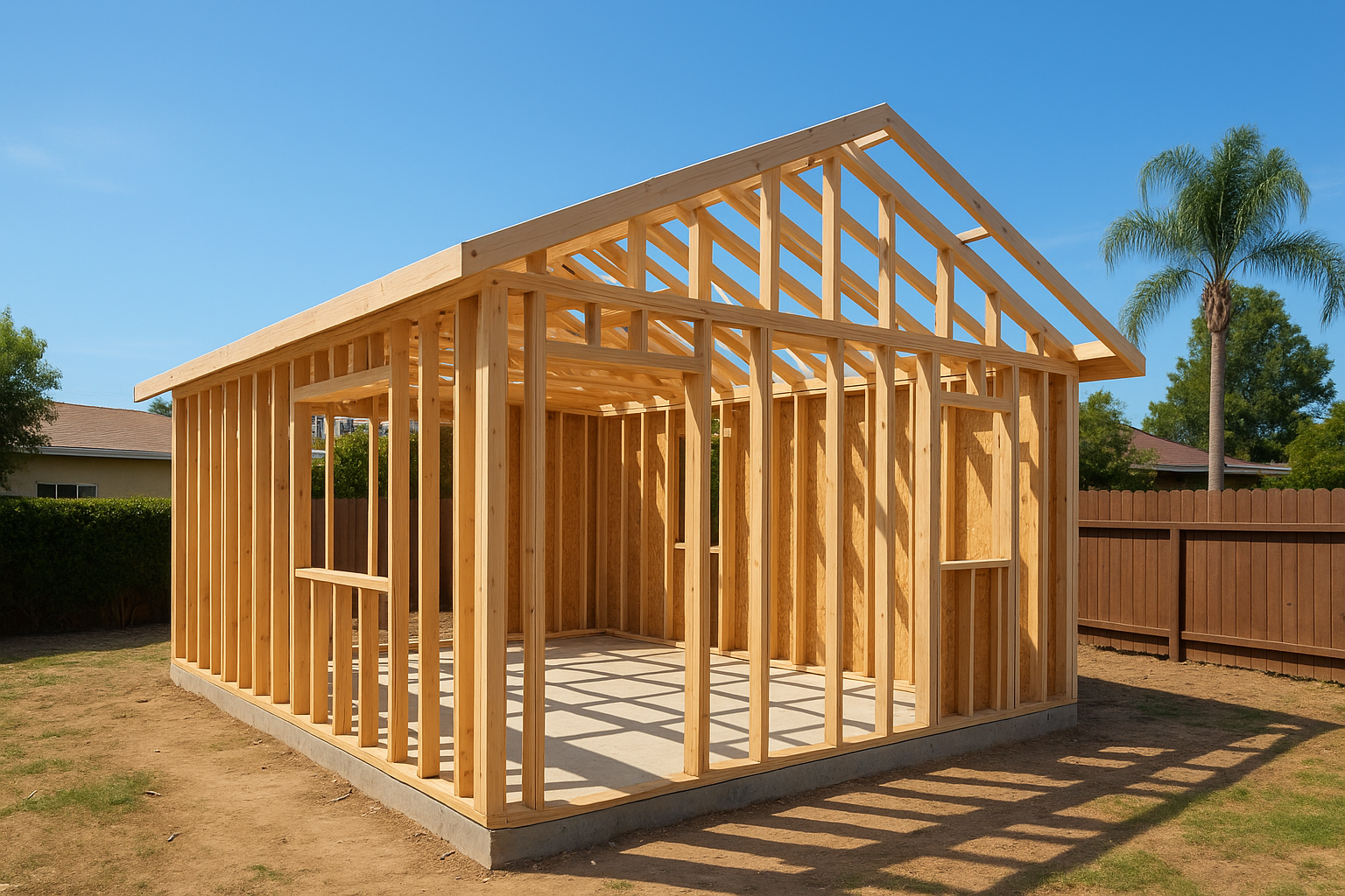Framed detached ADU under construction in a Southern California backyard