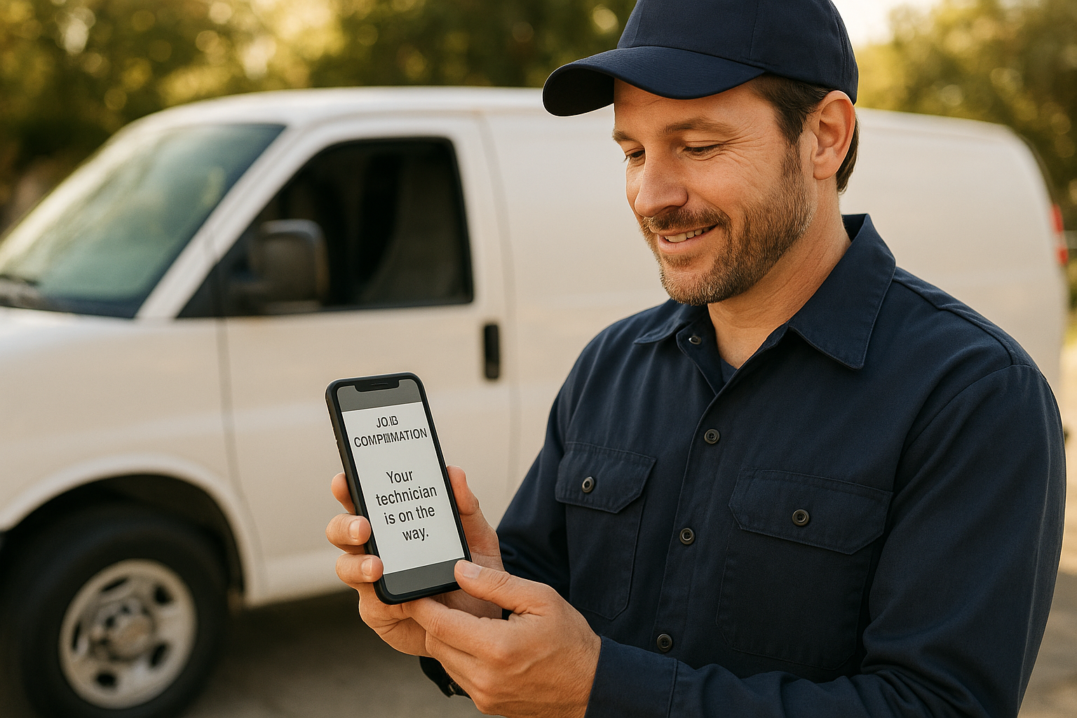 HVAC technician receiving a job confirmation text after an after-hours call was booked automatically