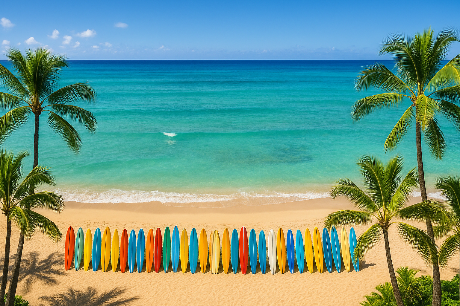 Colorful surfboards lined up at Waikiki Beach where surf lesson prices in Hawaii are most competitive