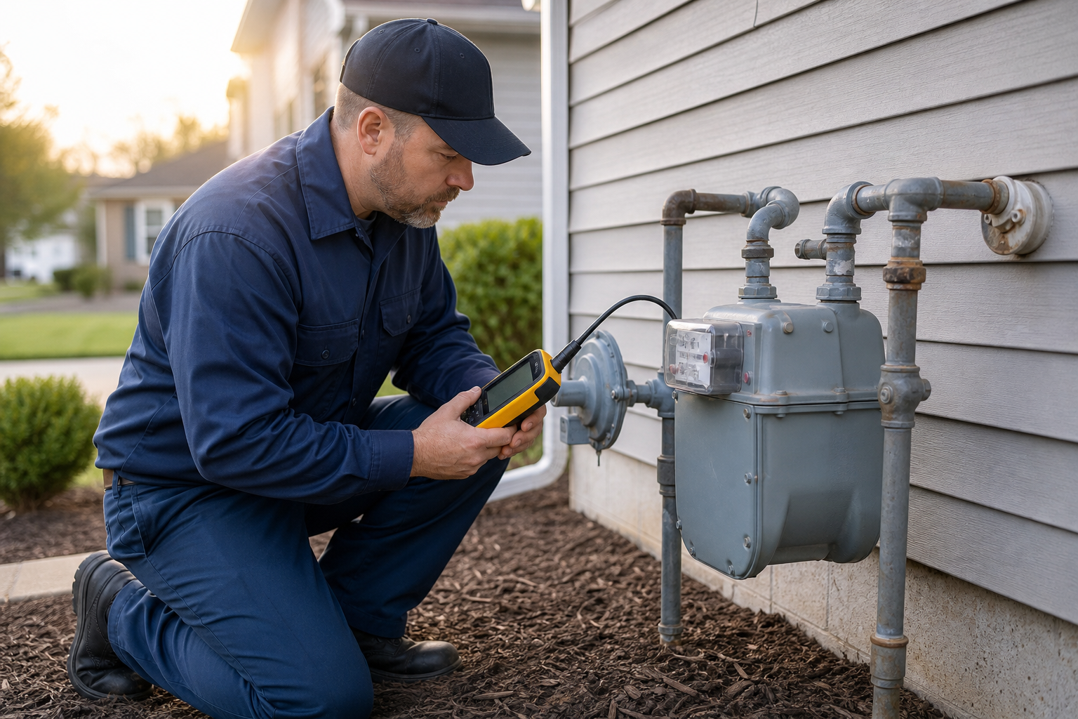 Technician performing gas line leak detection near a home gas meter in Terrell TX
