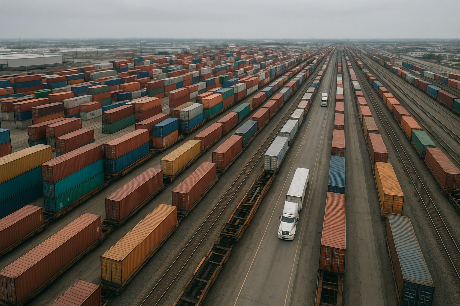 Intermodal freight yard showing containers and trucks used in freight shipping logistics