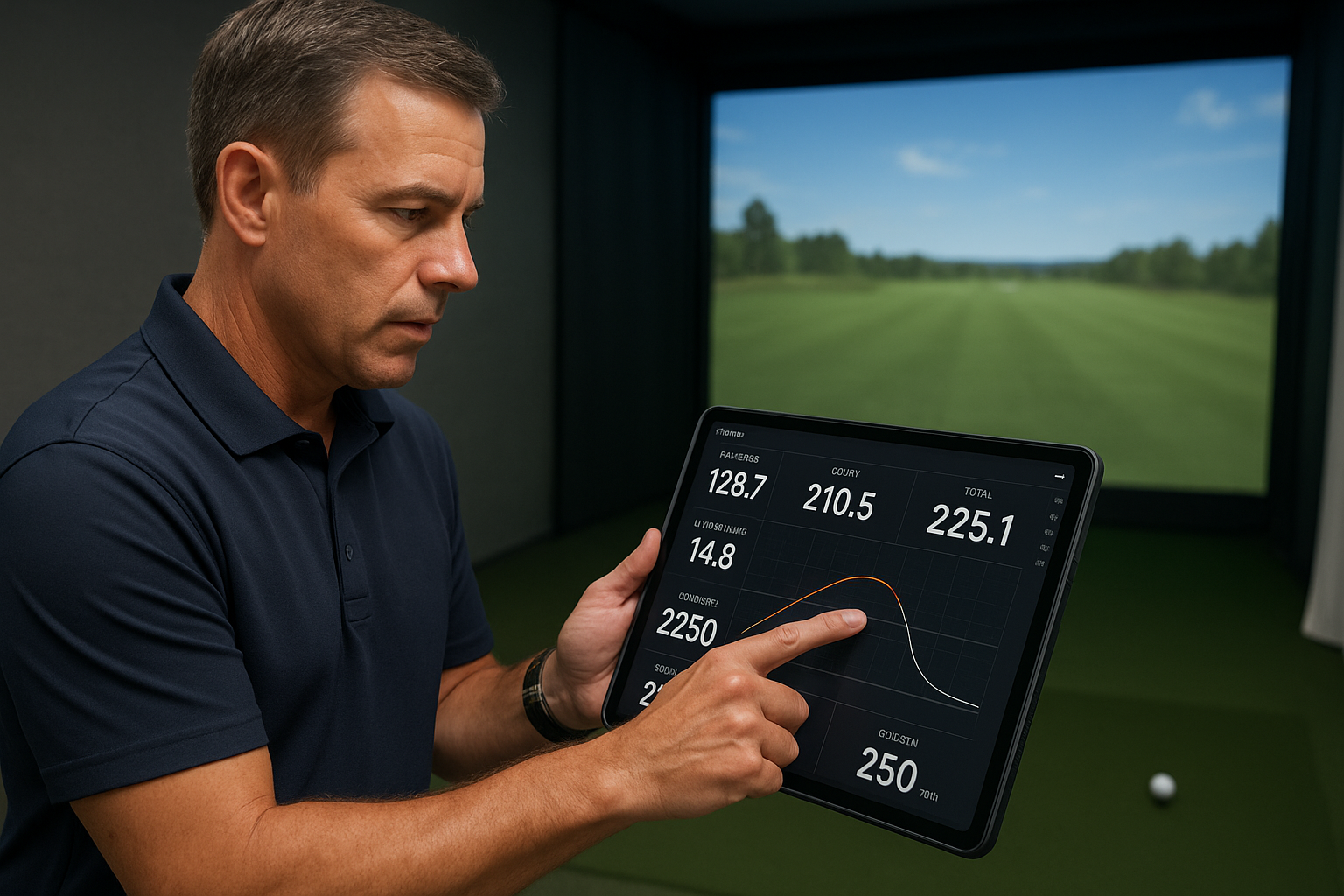 Coach reviewing launch monitor data to track progress in golf impact consistency