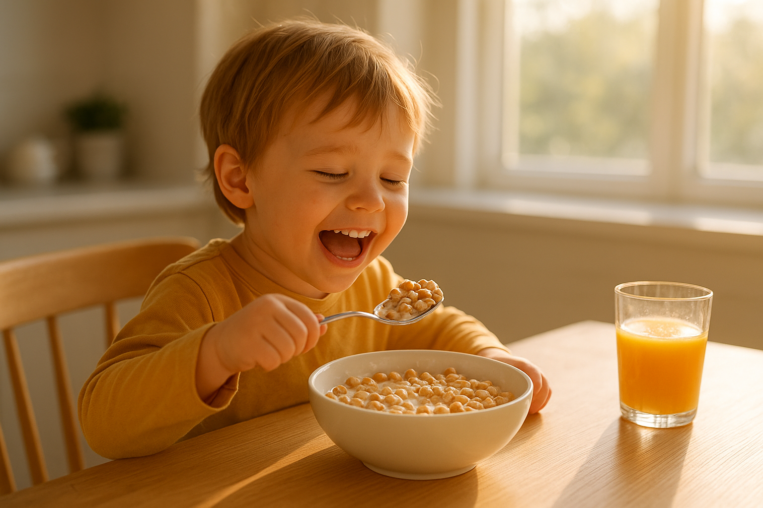Child eating a bowl of whole grain puffed cereal with milk at breakfast
