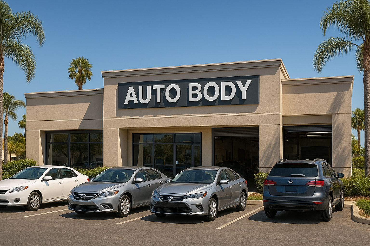 Professional auto body shop Orange County exterior on a sunny day