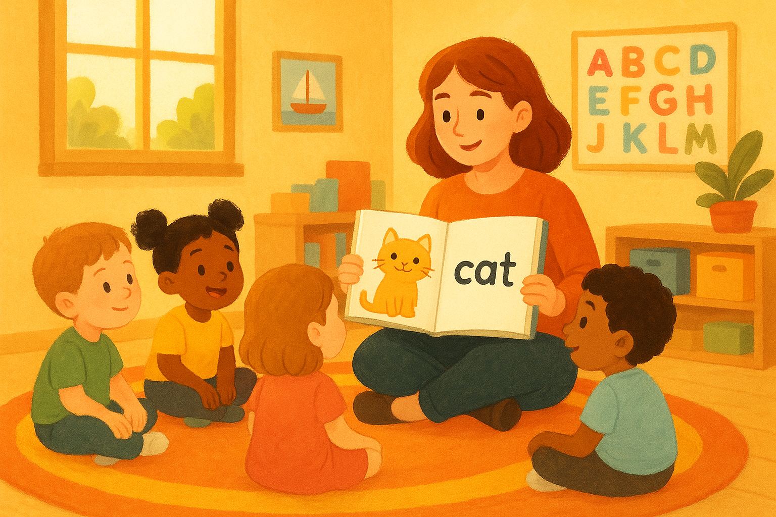 Teacher reading a printable core vocabulary book to a small group of preschool children on a classroom rug