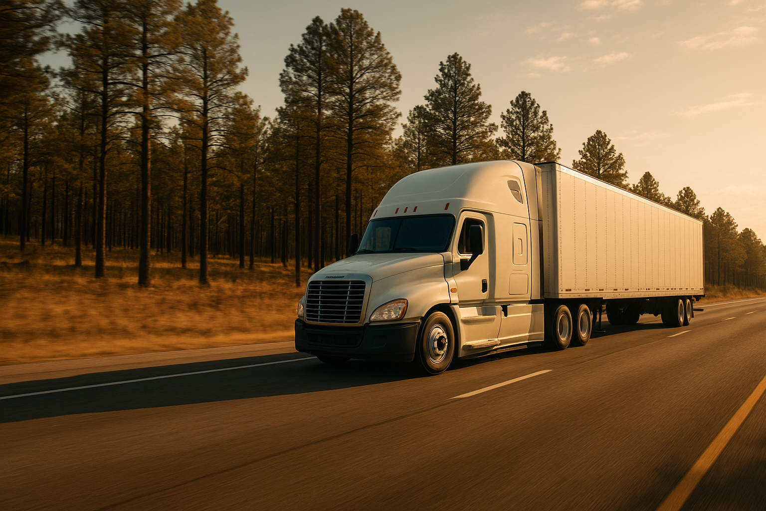 Freight truck hauling cargo along a southeastern highway during delivery