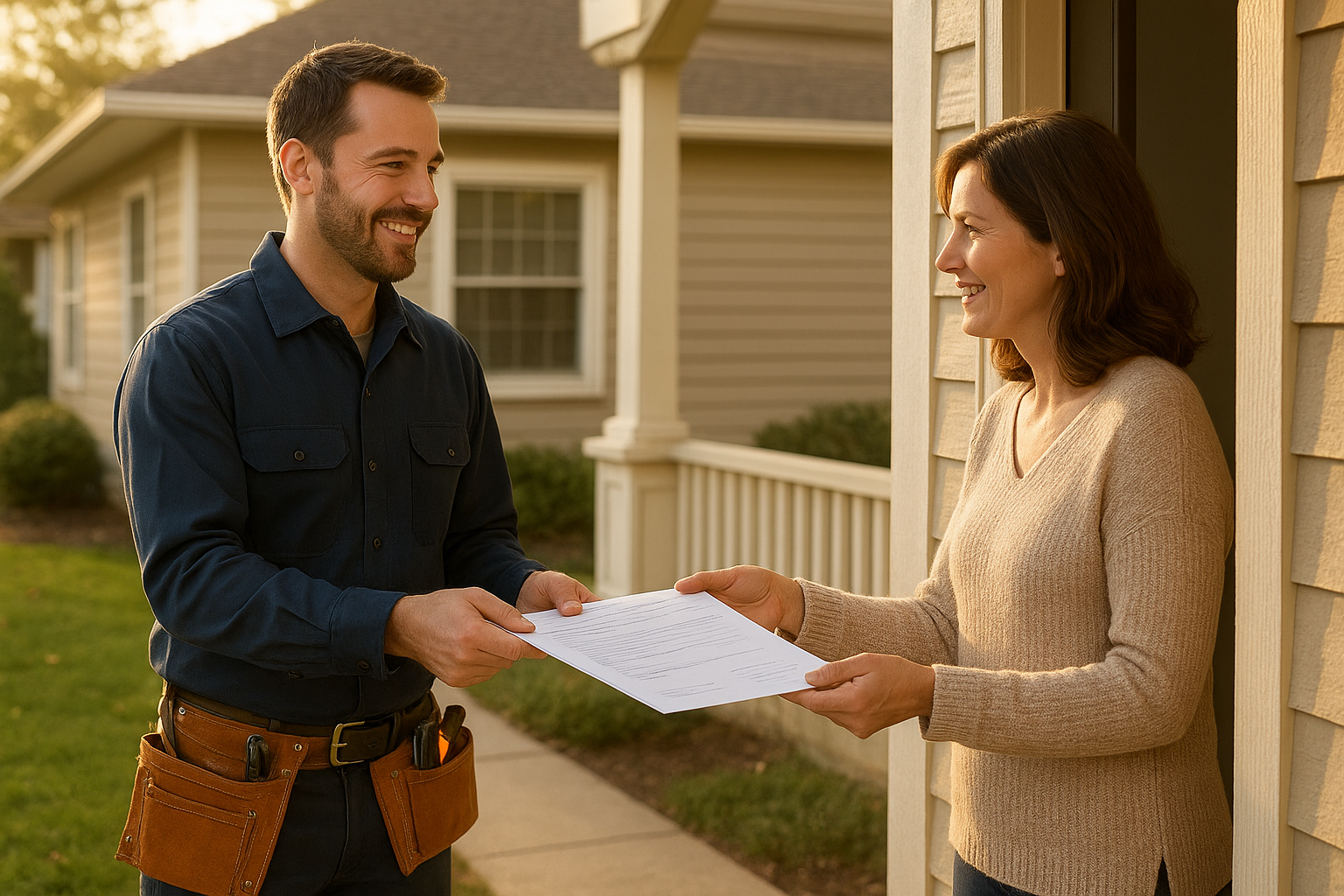 Technician explaining pricing to a homeowner after completing appliance repair for homes
