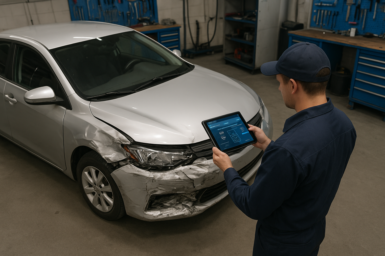 technician assessing hit and run damage with a scan tool in a body shop