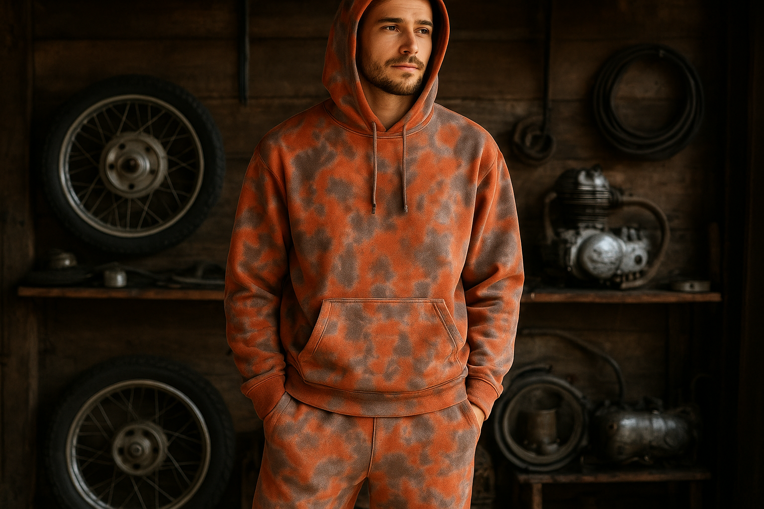 Person wearing custom printed sweatpants and a matching hoodie in a garage setting