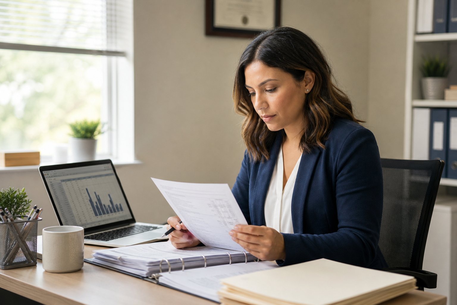 Minnesota DHS-licensed provider reviewing compliance and financial records at an office desk