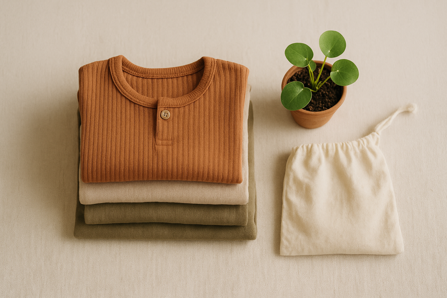 Eco-friendly circular kids clothing bundle with folded garments and reusable bag