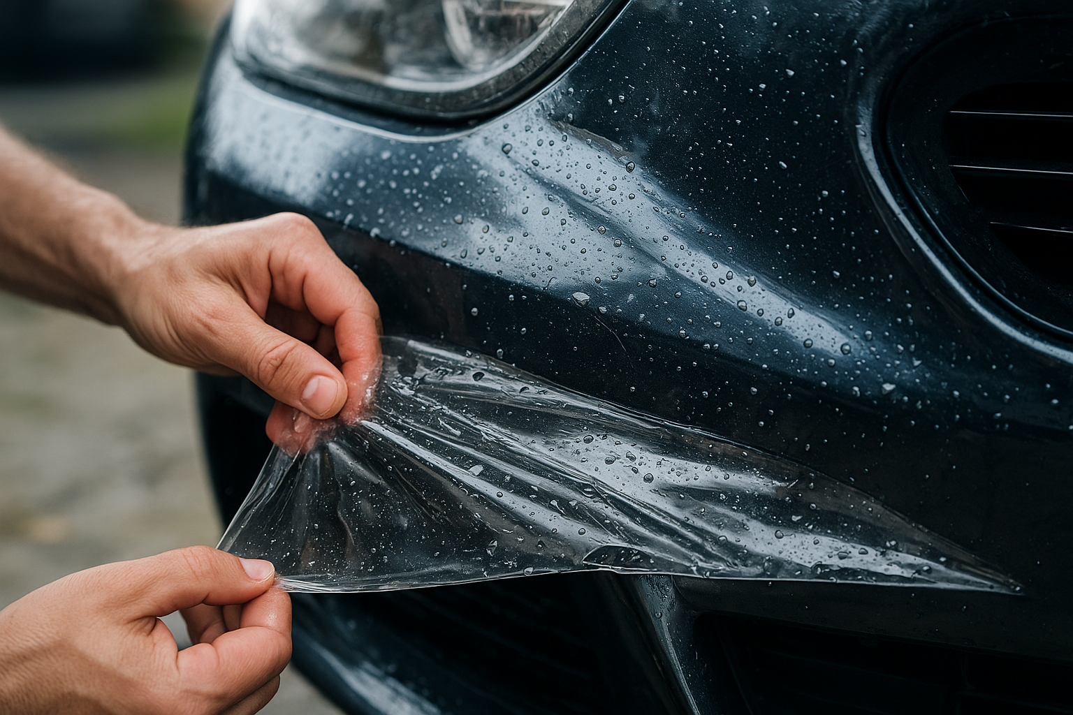 Close-up of clear paint protection film application on a car bumper