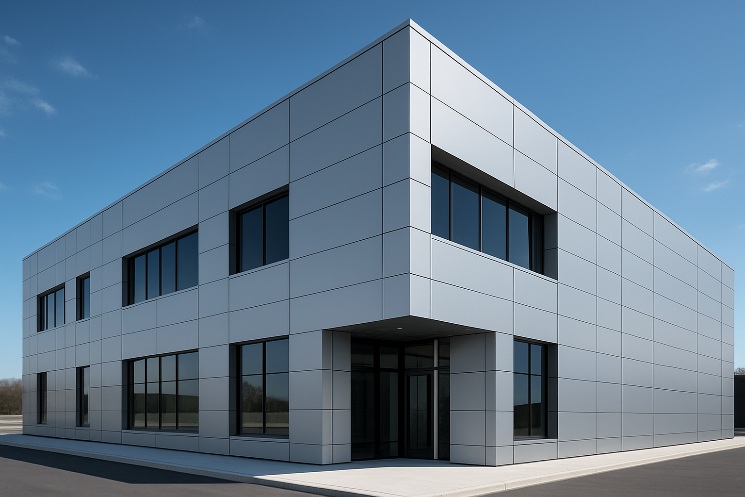Commercial building exterior finished with architectural metal cladding panels