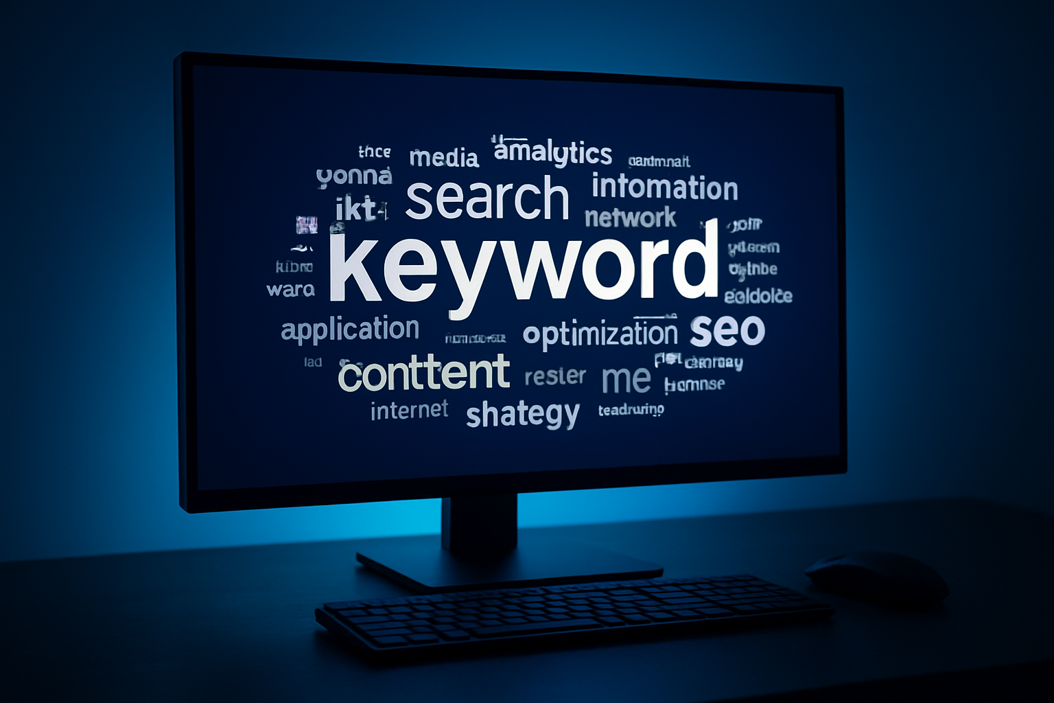 Word cloud on a monitor screen showing keyword frequency analysis results