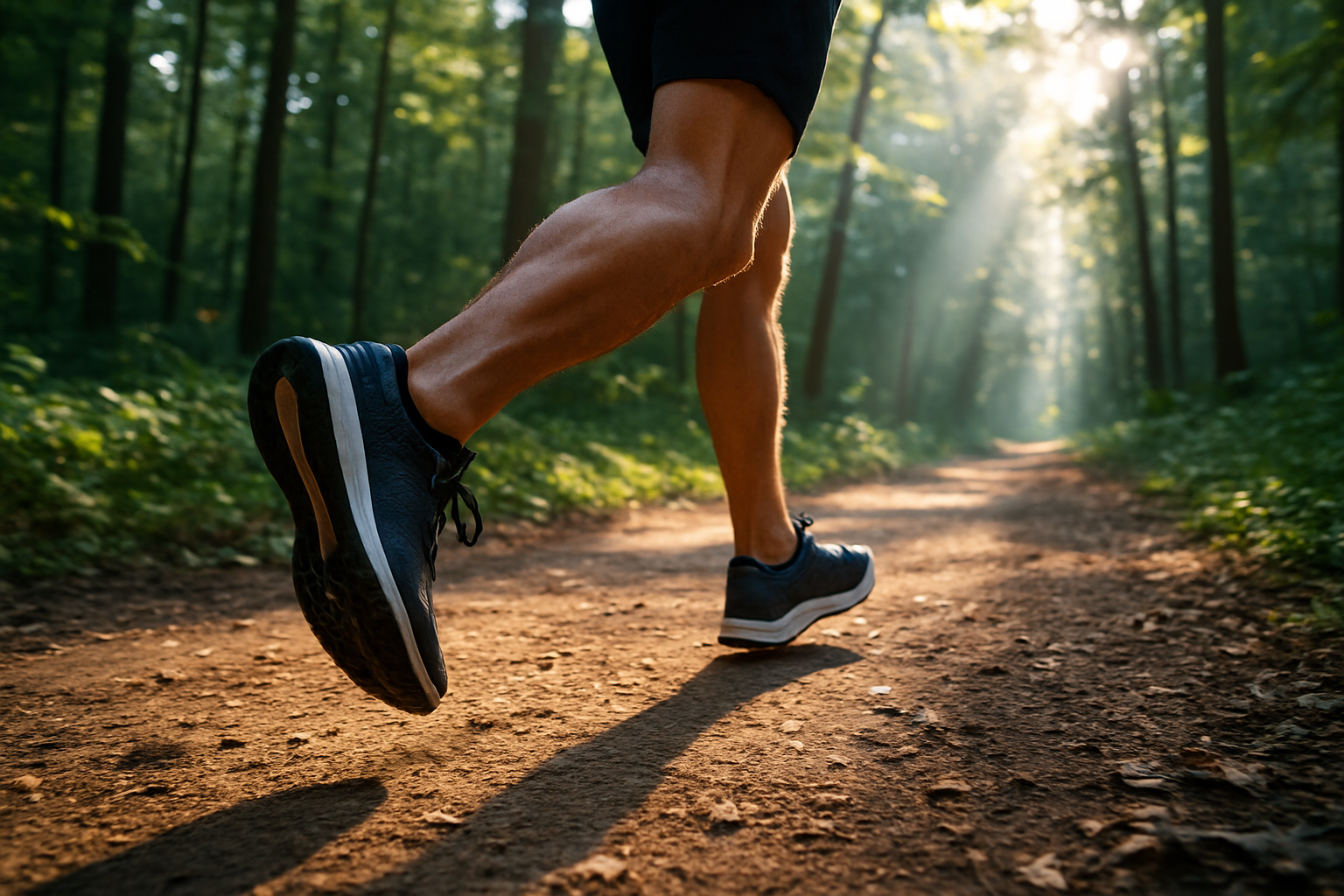 Active person jogging on a trail benefiting from orthotic foot support for active lifestyles