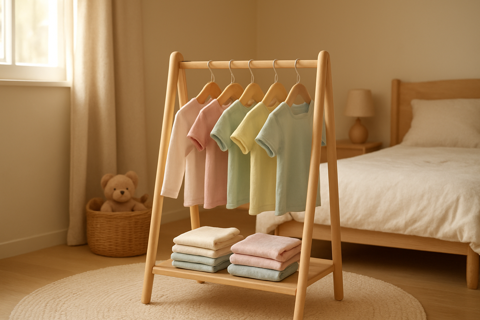 Rotating rack of children's clothing representing a swappable kids wardrobe subscription