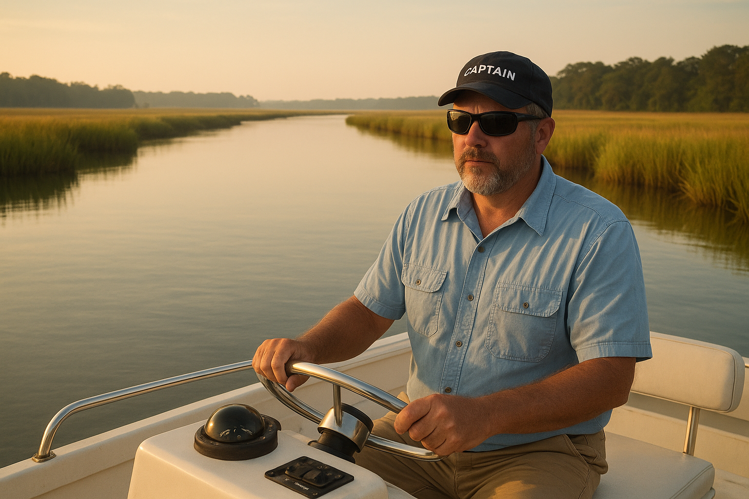 Charter captain guiding a private boat through the Myrtle Beach Intracoastal Waterway
