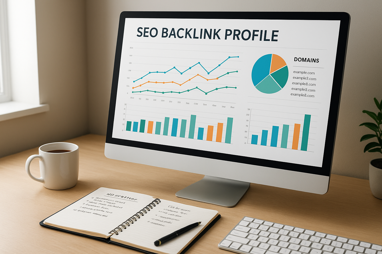 SEO professional reviewing a check my backlinks dashboard on a desktop monitor