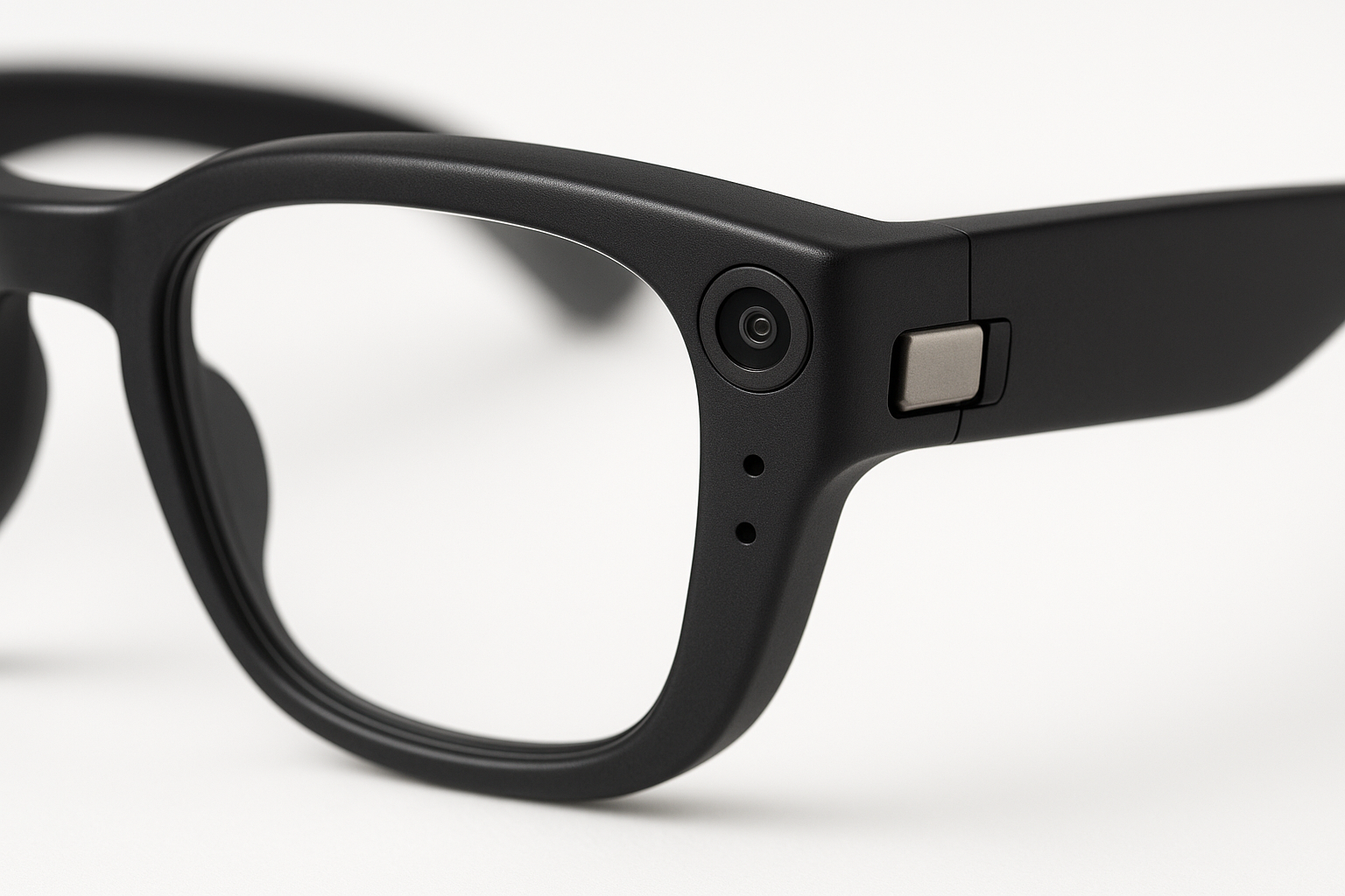 Close-up of smart glasses hardware showing camera lens and microphone array