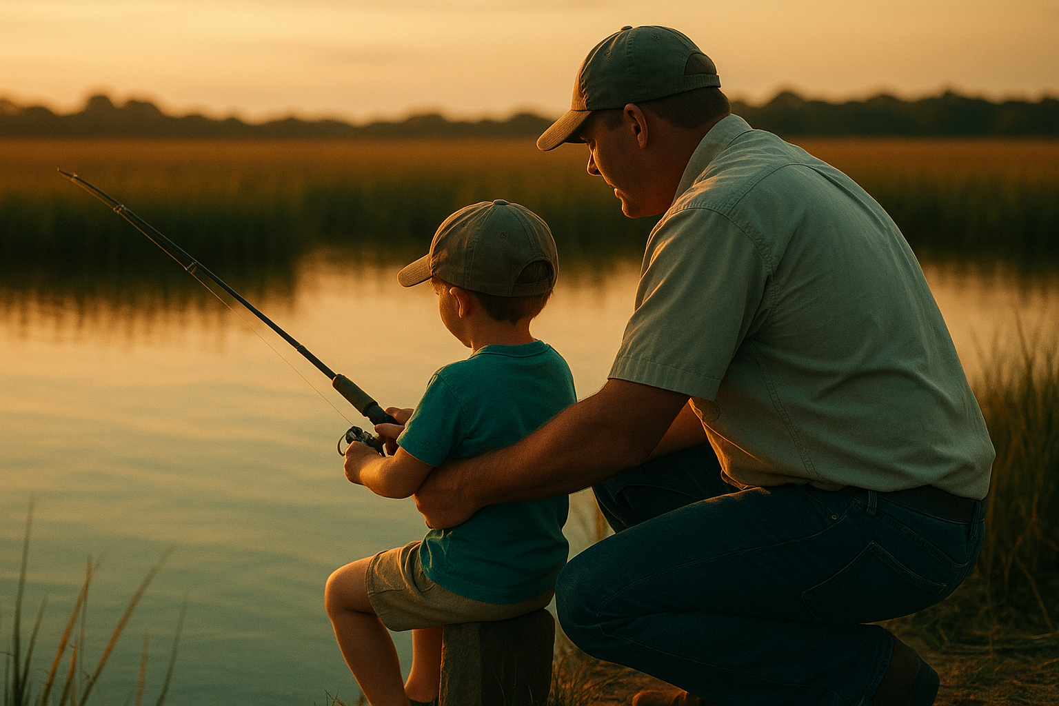 Captain helping a young angler on a private family fishing charter