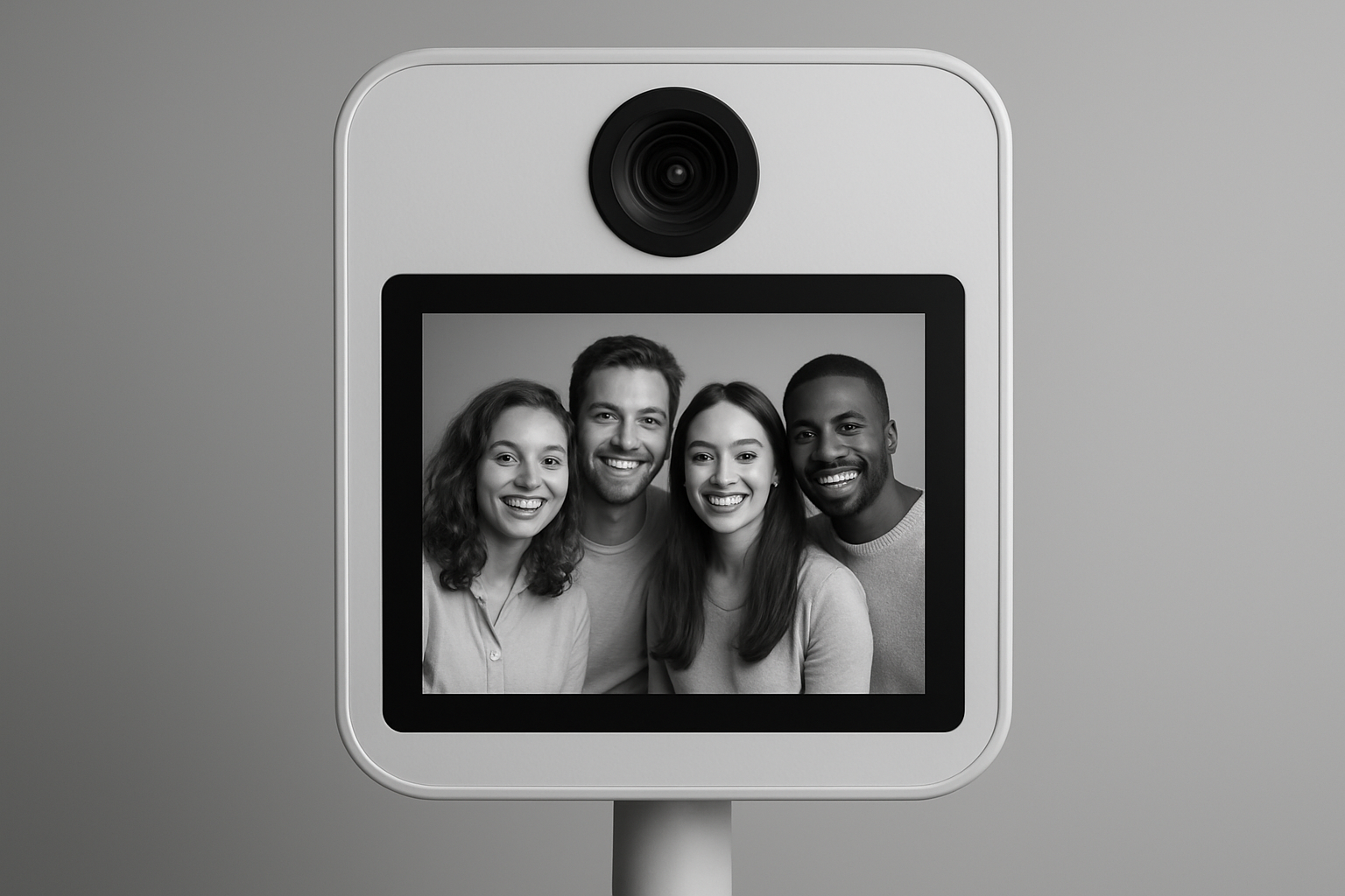 Photo booth camera screen displaying a monochrome preview image