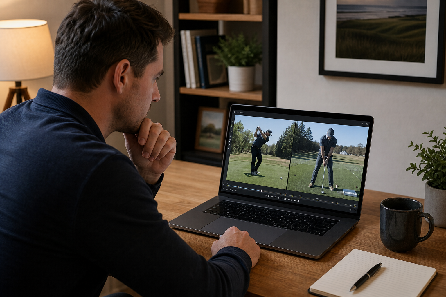 Golfer reviewing swing video footage during an online biomechanics training session