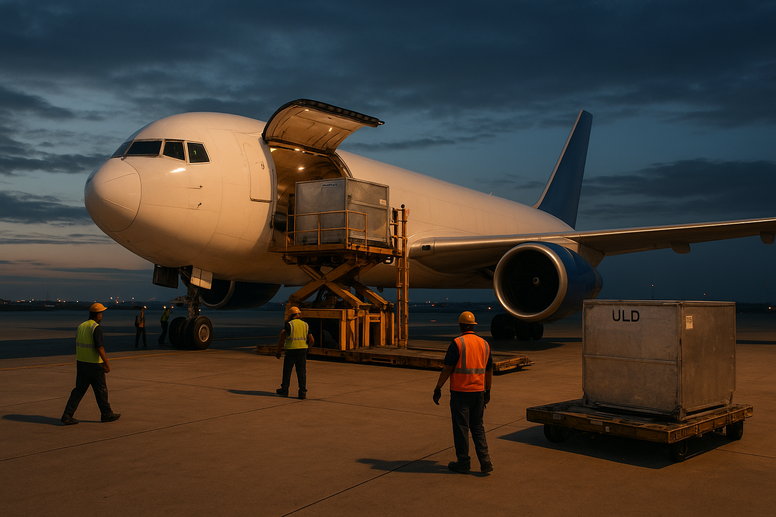 Air cargo plane loaded with freight containers for expedited cargo shipping
