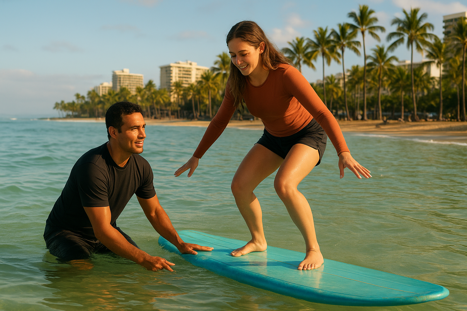 Instructor assisting a beginner during a surfing lesson honolulu at Waikiki Beach