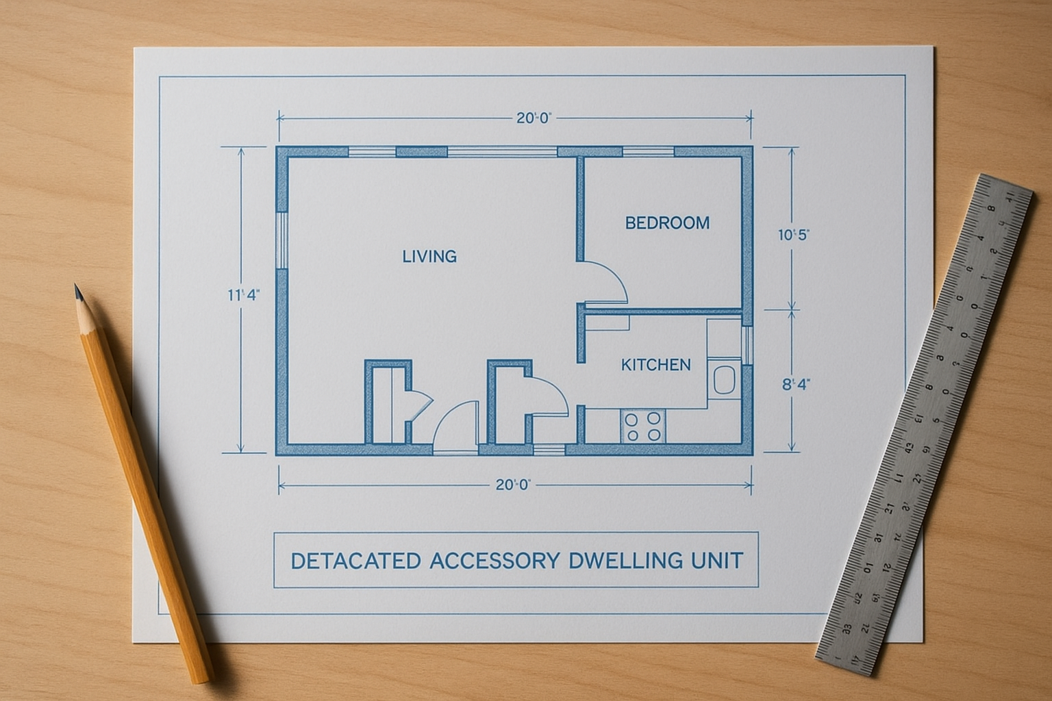 Blueprint floor plan for a detached accessory dwelling unit construction project