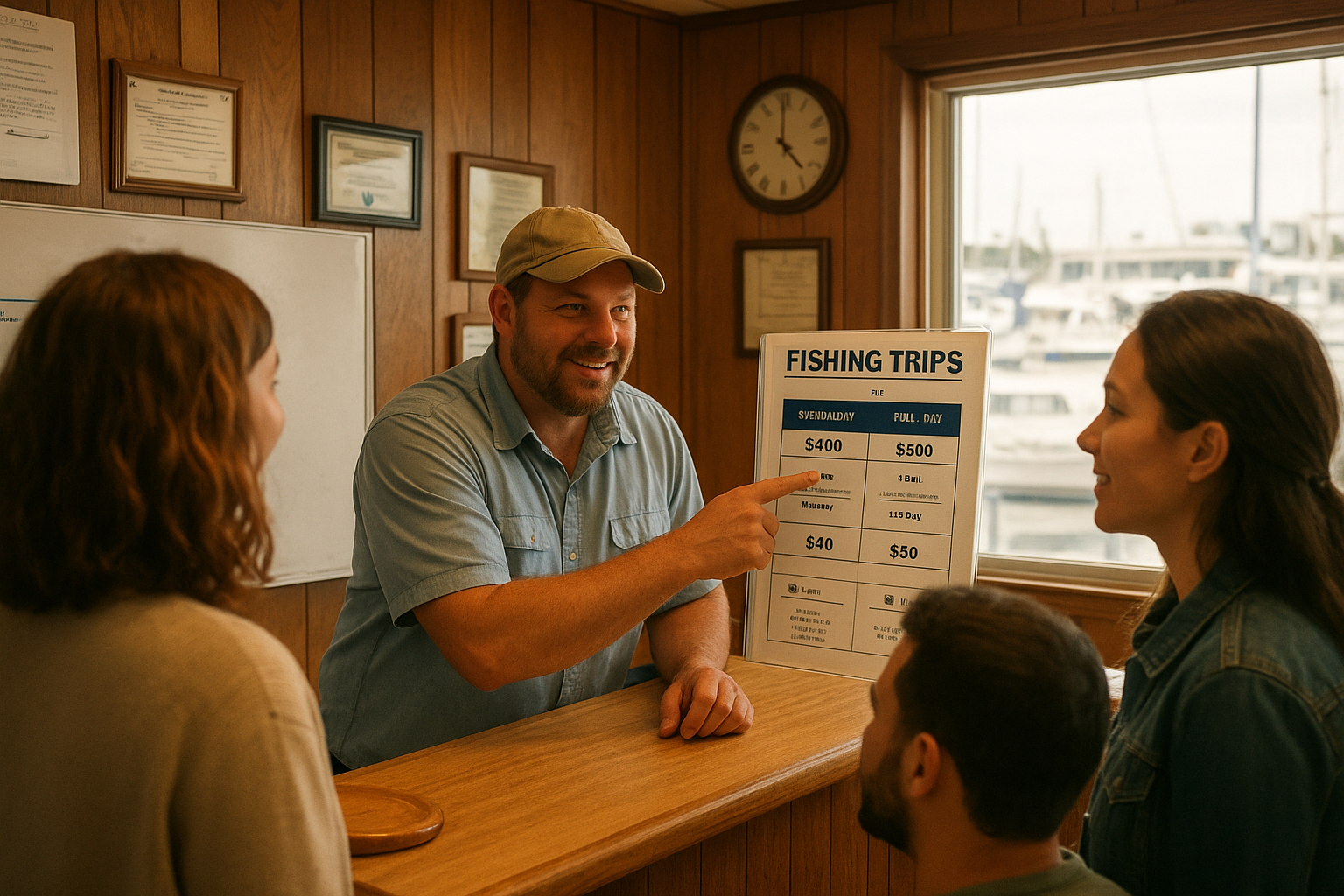 Charter captain explaining trip options and pricing chart to a group before an offshore fishing trip