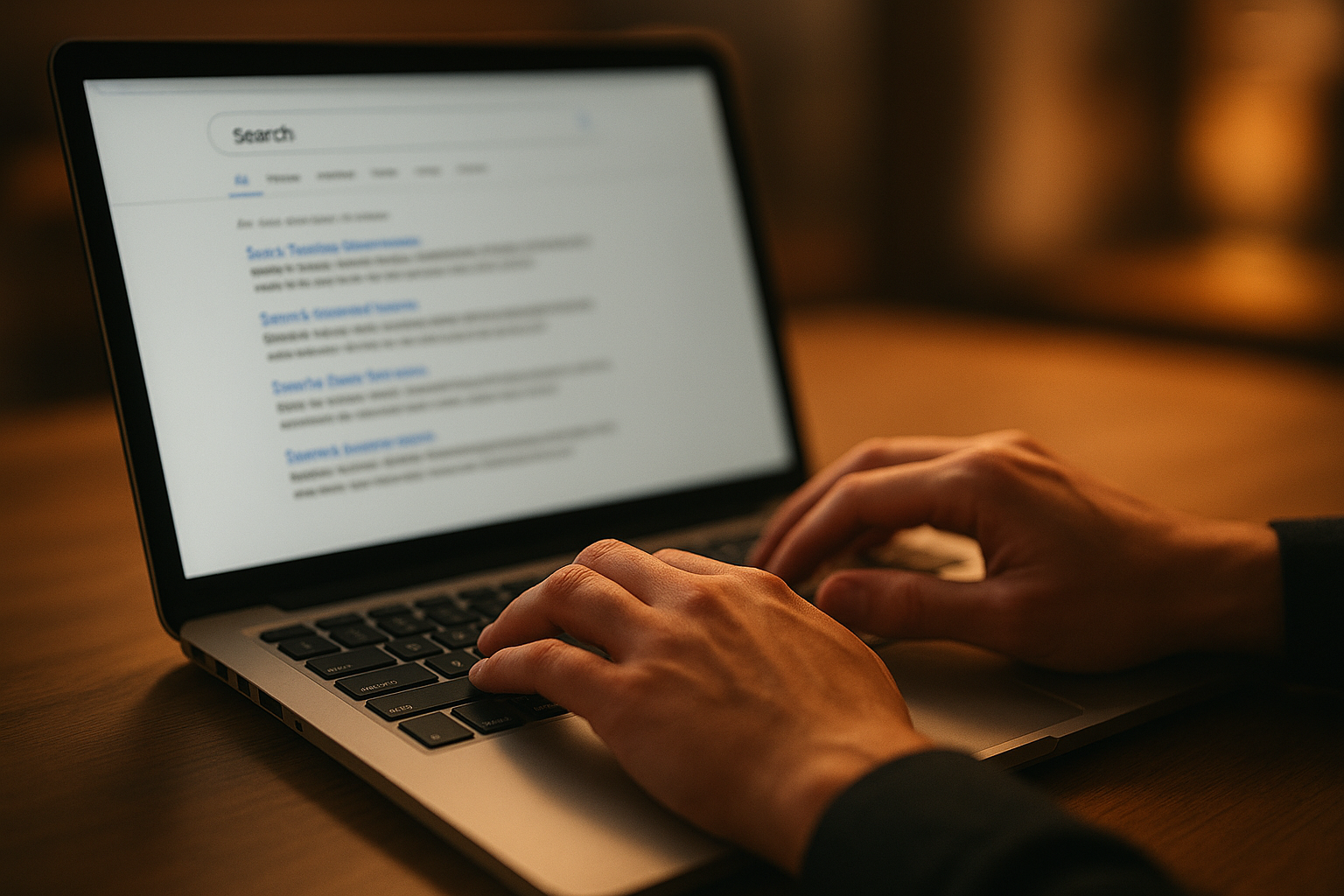 Person searching on a laptop illustrating how SEO search keywords connect content to search engine results