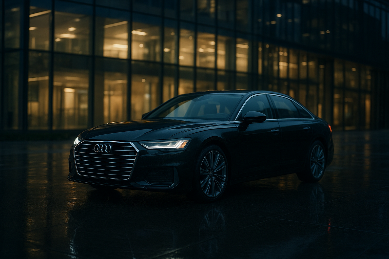 Black luxury sedan used for limo service parked outside a Charlotte office building at dusk