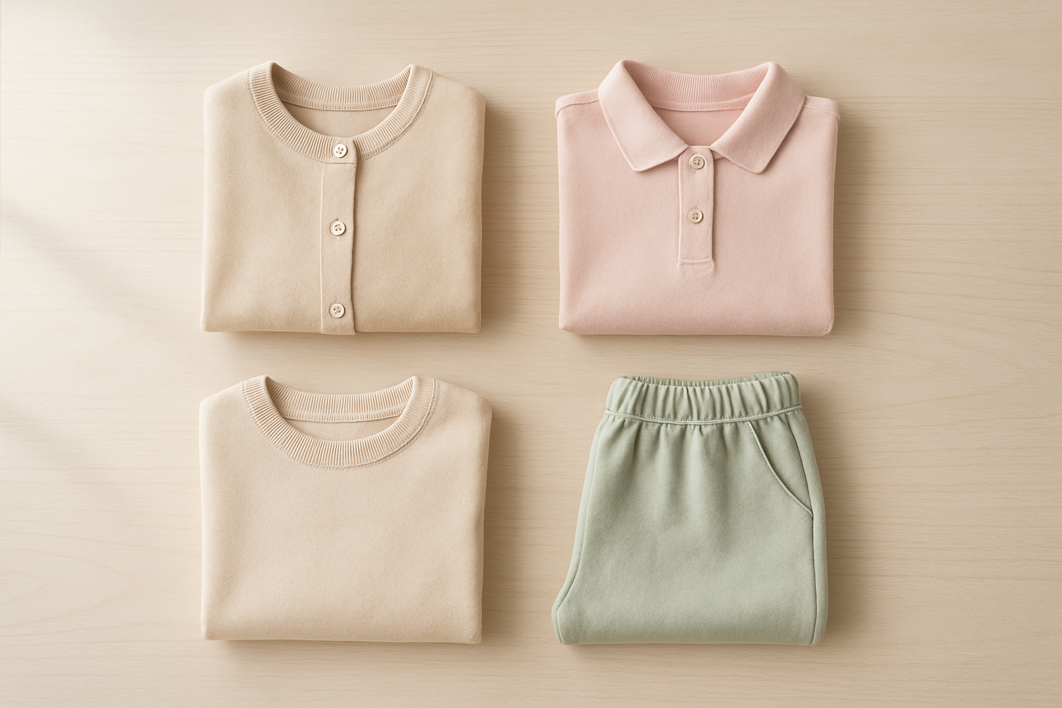 Folded premium children's clothing prepared for a monthly rental subscription swap