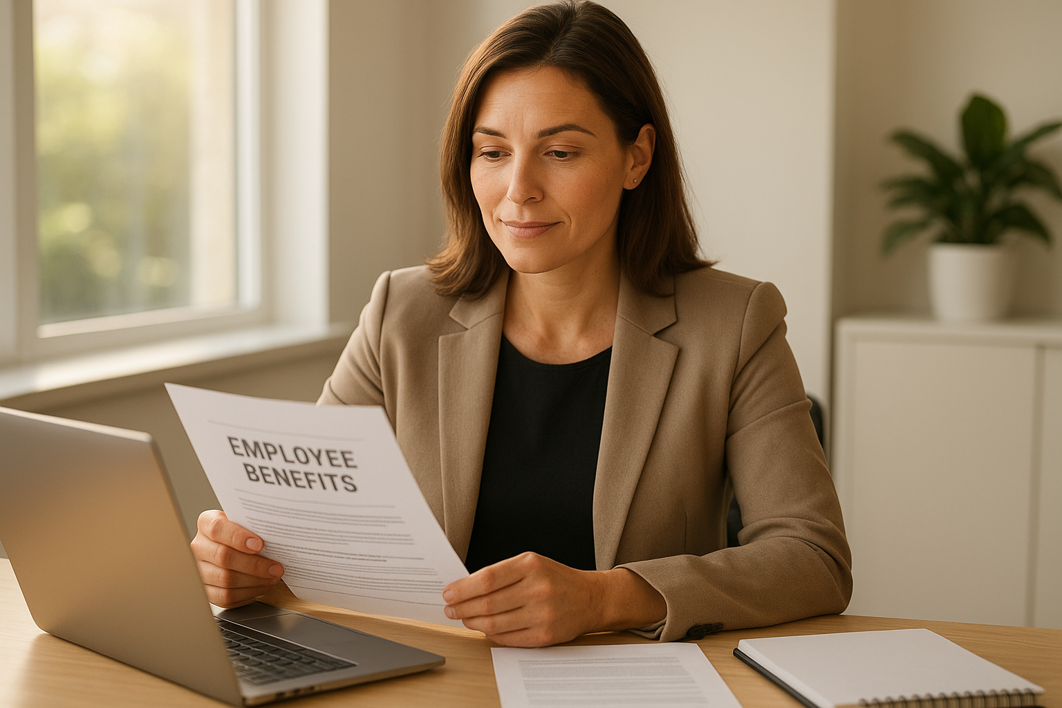 HR professional comparing employee benefits providers at an office desk