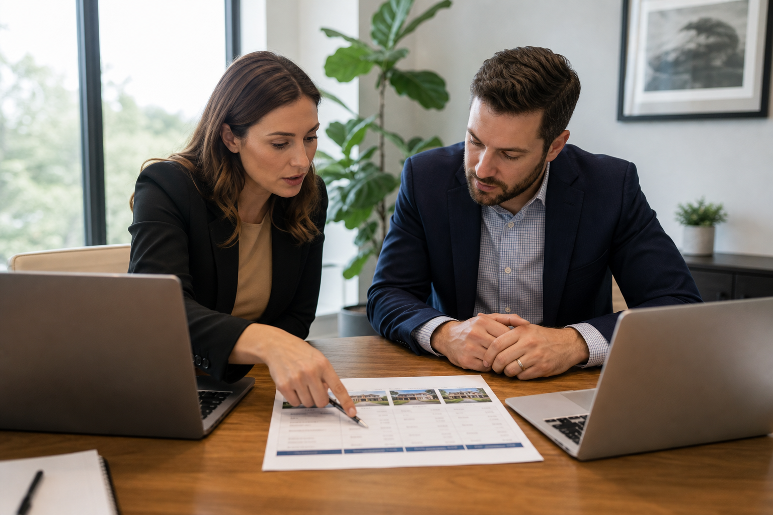 Two agents reviewing a seller lead platform comparison chart in a bright office