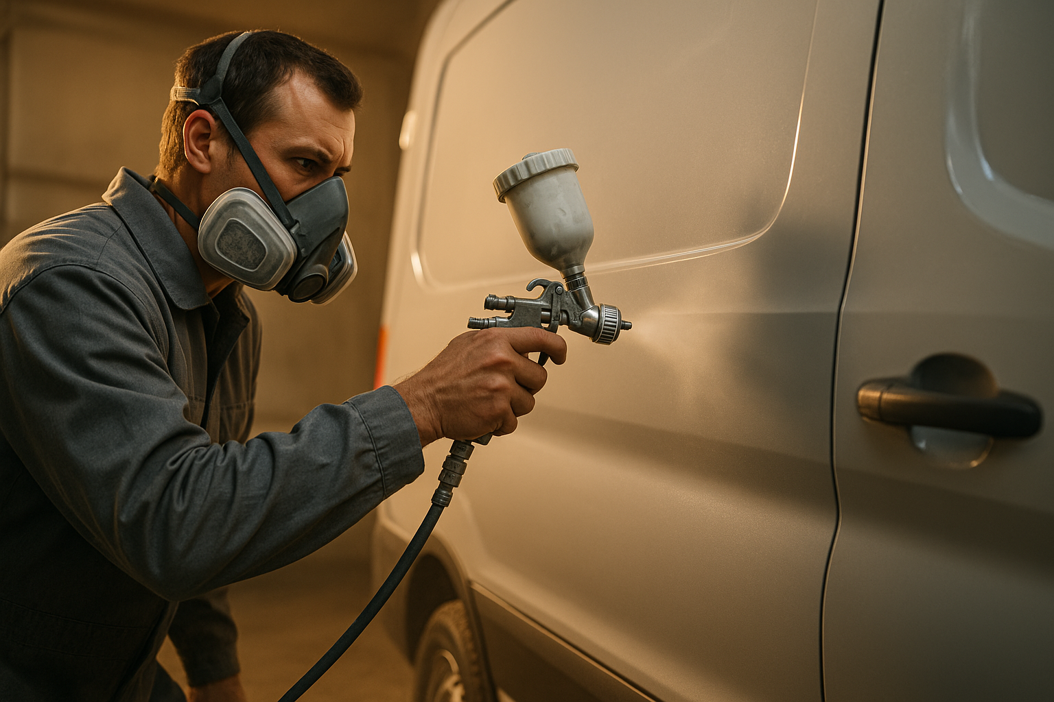 Technician performing precision paint matching during fleet vehicle collision repair