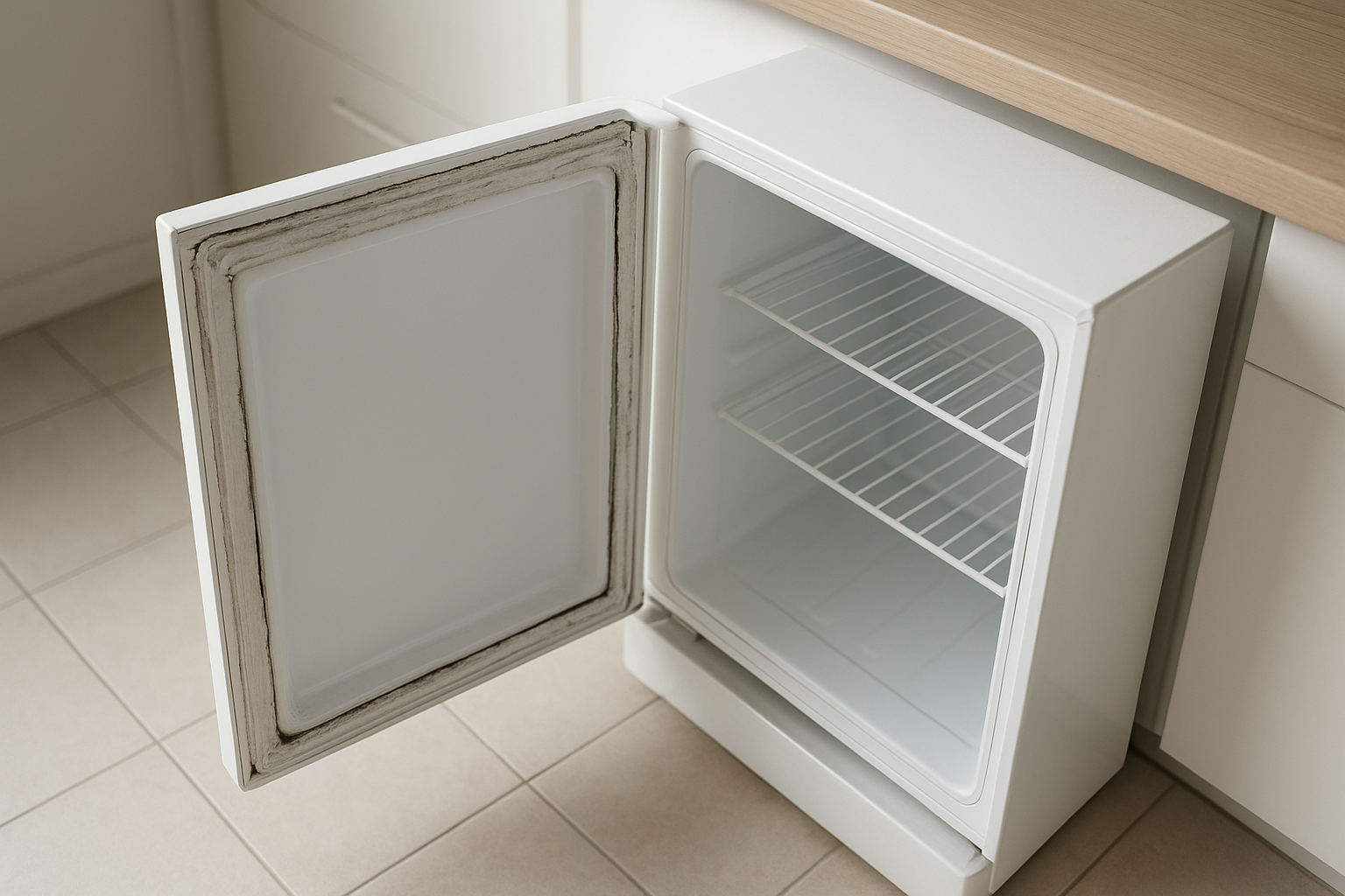 Worn door gasket on a mini refrigerator that is causing cold air to leak out