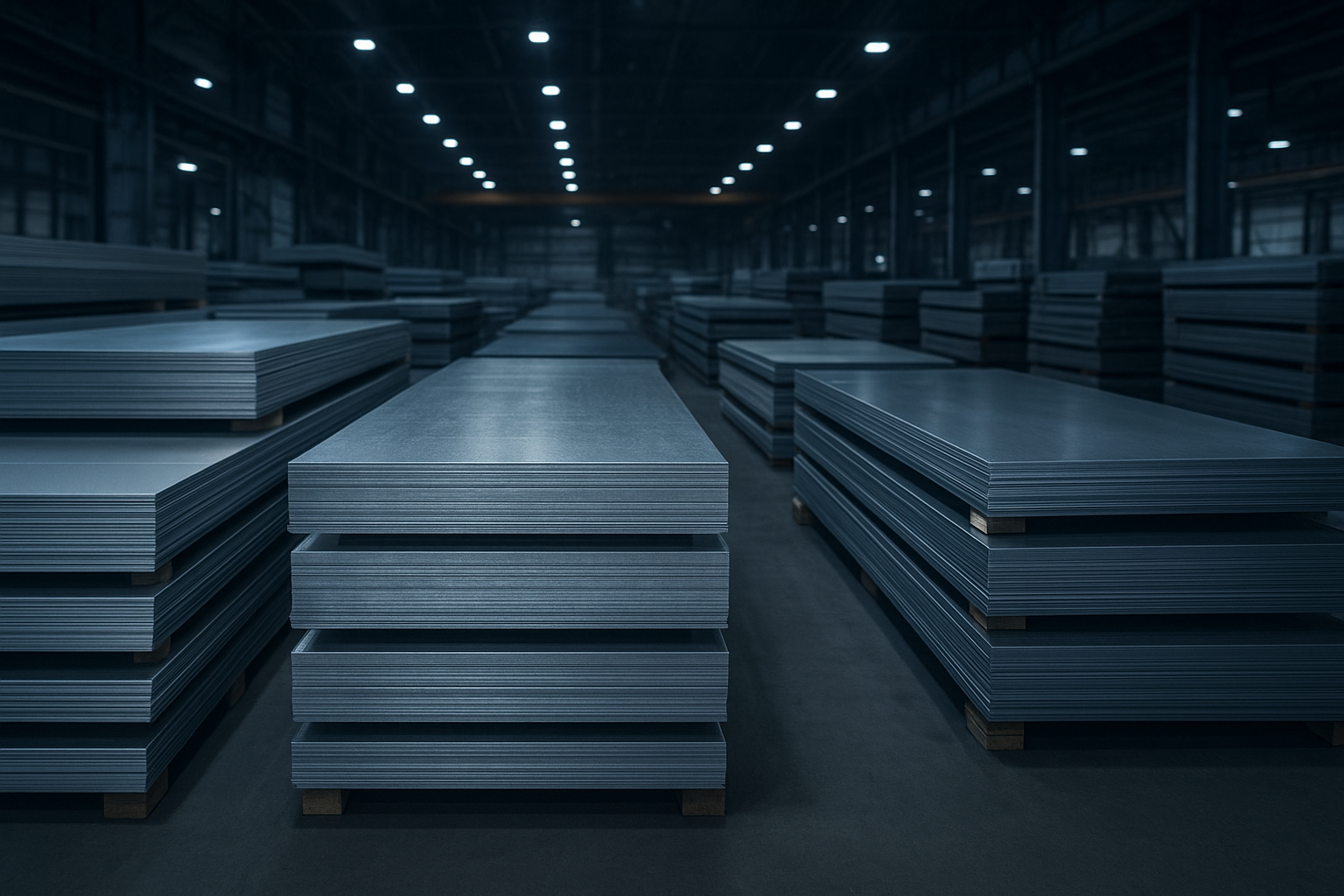 Stacked aluminum and steel sheets prepared for custom metal panel fabrication