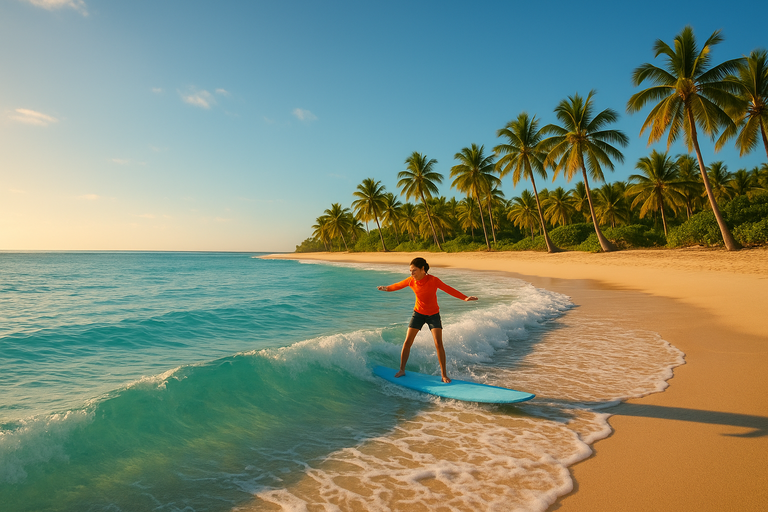 Beginner surfer standing on a foam board while learning to surf in Oahu at Waikiki Beach