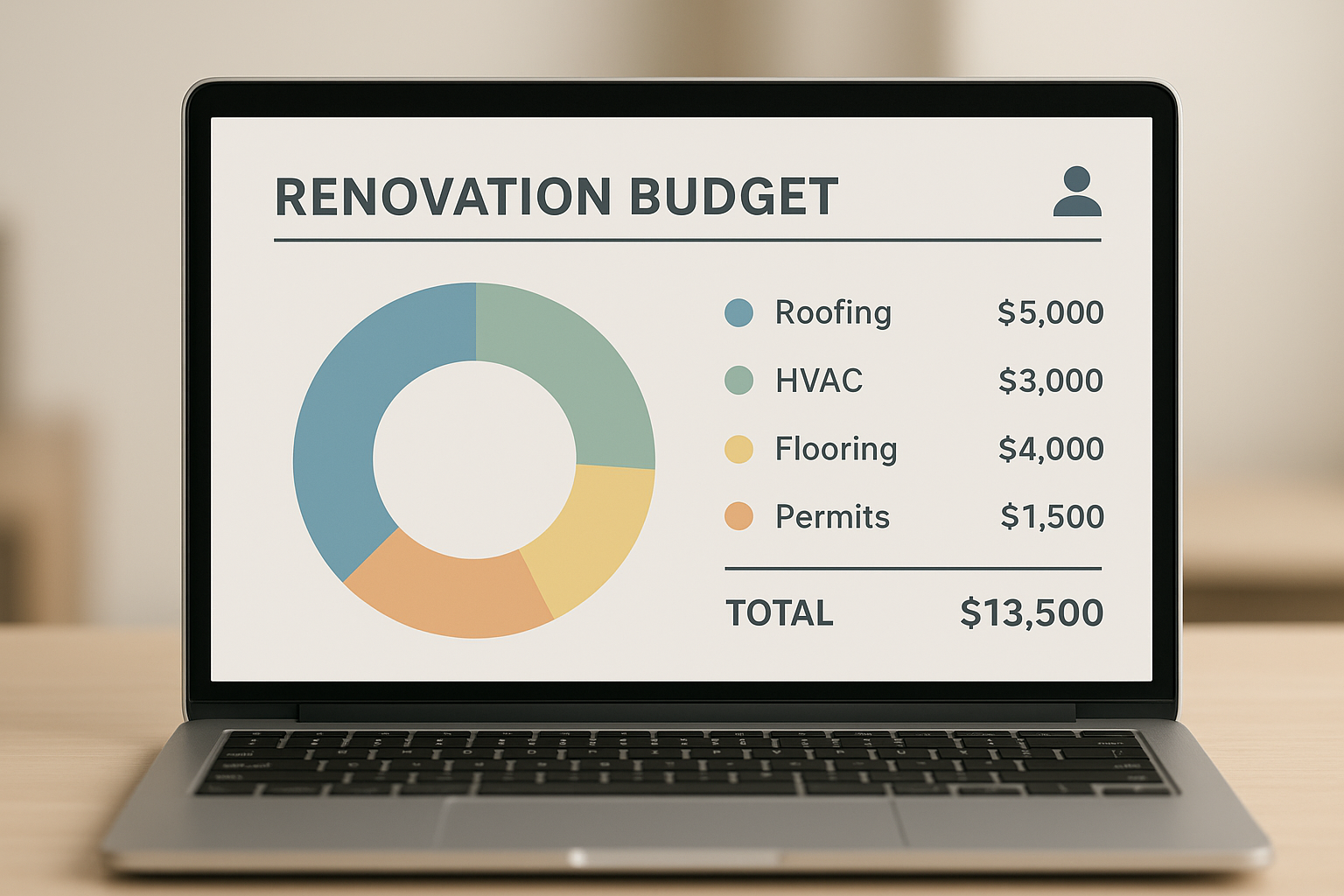 Dashboard breaking down repair cost categories for a house flip budget