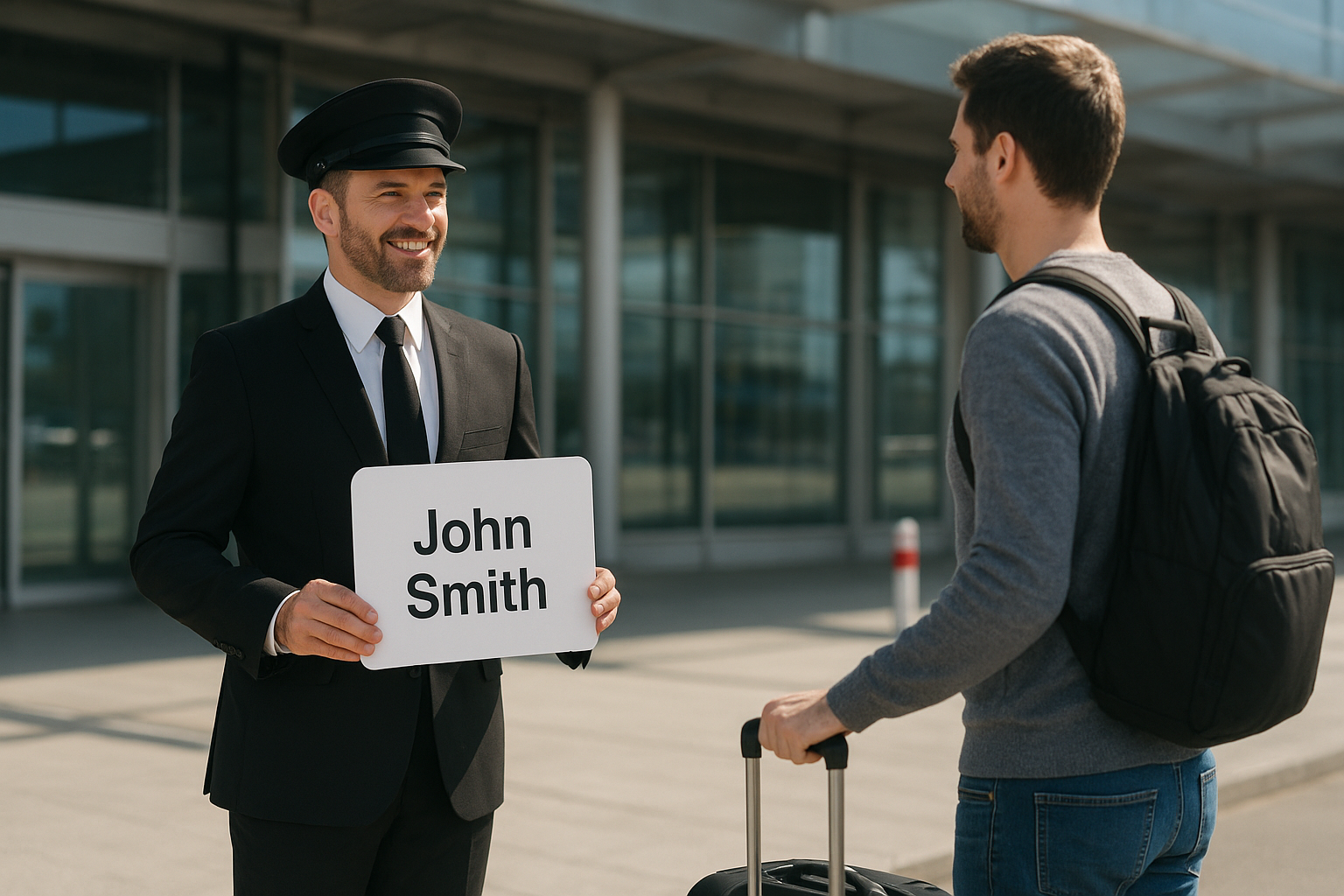 Professional chauffeur greeting a business traveler outside Charlotte Douglas International Airport
