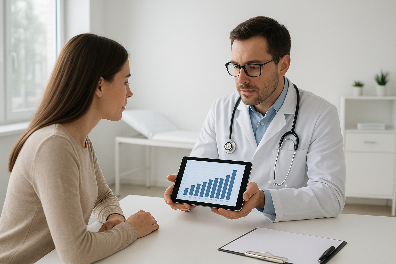 Physician reviewing personalized sustainable weight loss success plan with a patient in a modern Ontario clinic