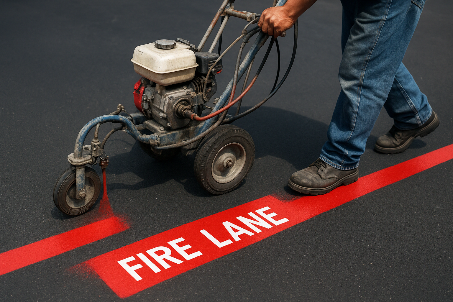 Parking lot striping contractor applying red fire lane paint markings with a professional striping machine