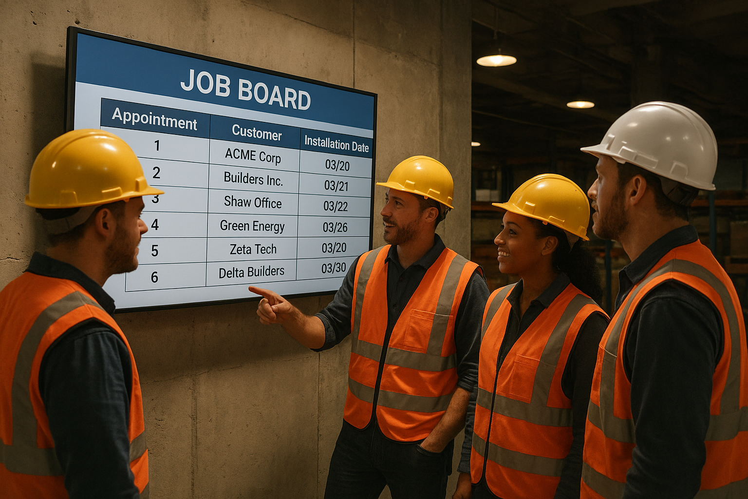 Home improvement crew checking a TV job board for scheduled installation appointments