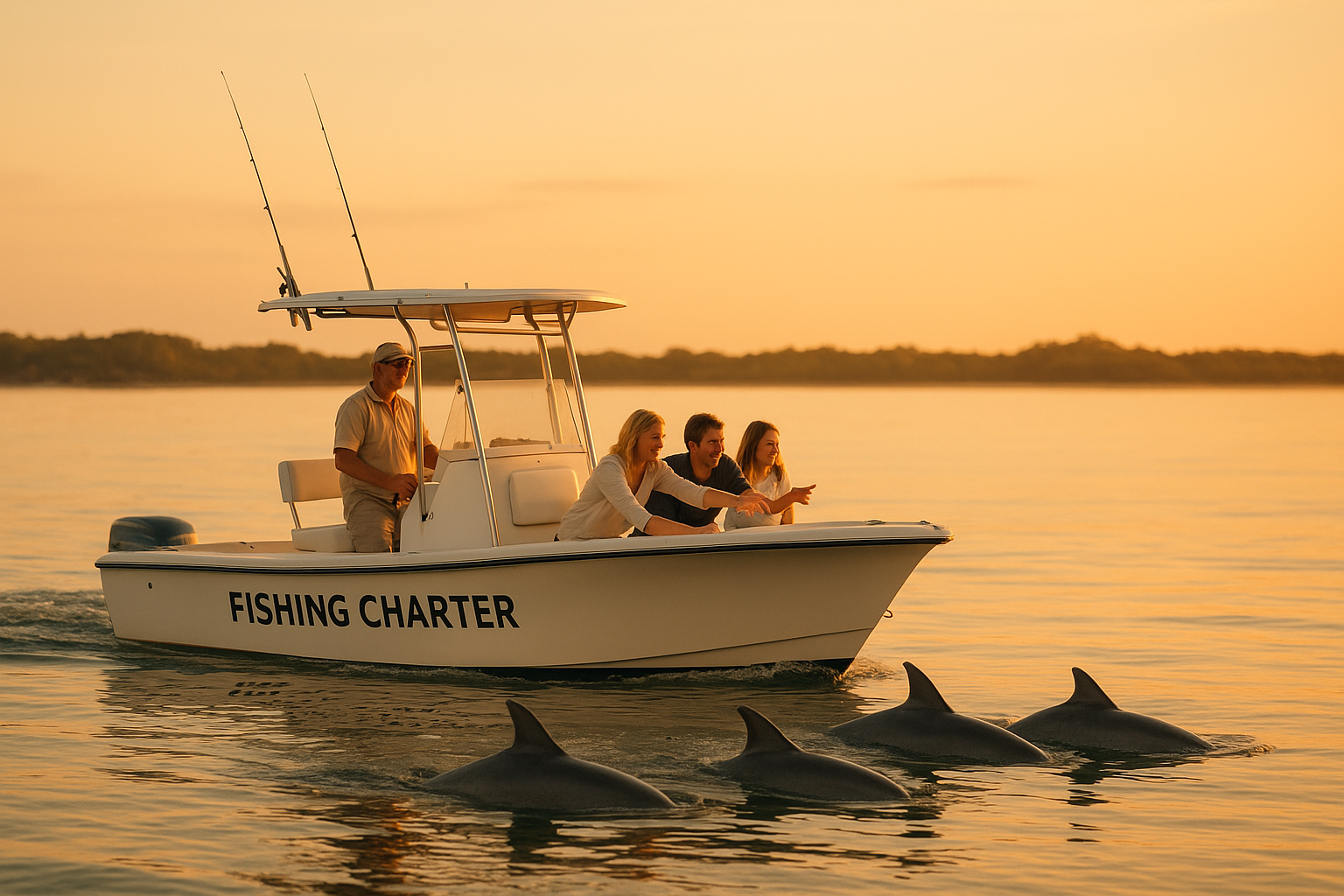 Guests on Myrtle Beach fishing tours with wildlife viewing watching dolphins near the boat
