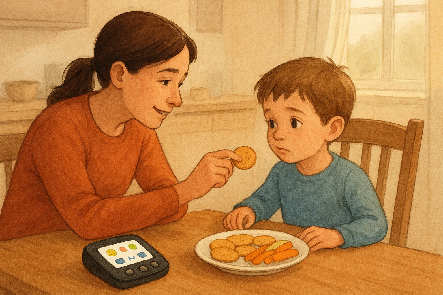 Caregiver modeling core vocabulary words on an AAC device during snack time