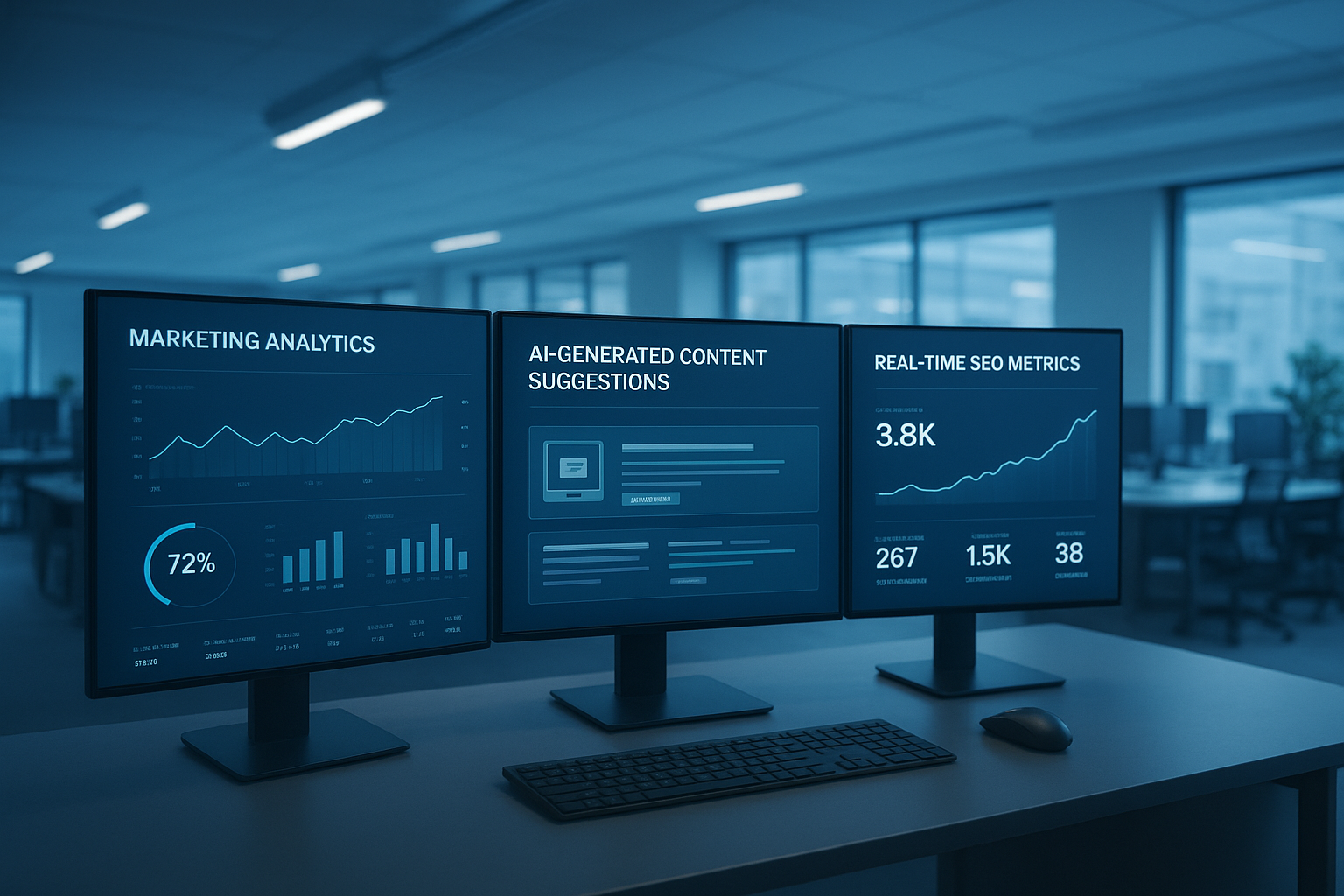 AI tools for digital marketing displayed on a modern analytics dashboard with SEO and campaign metrics